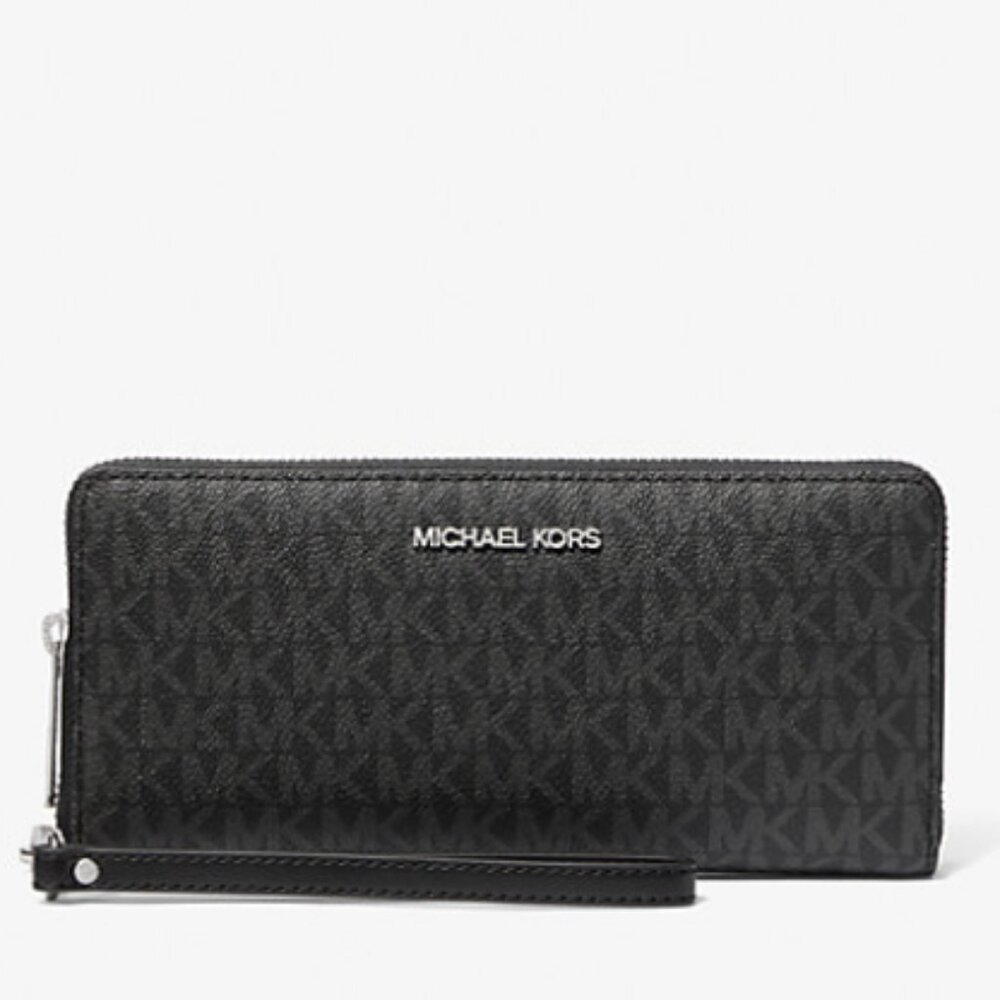 Michael Kors Jet Set Travel Large Signature Logo Continental Wallet-Black/Silver